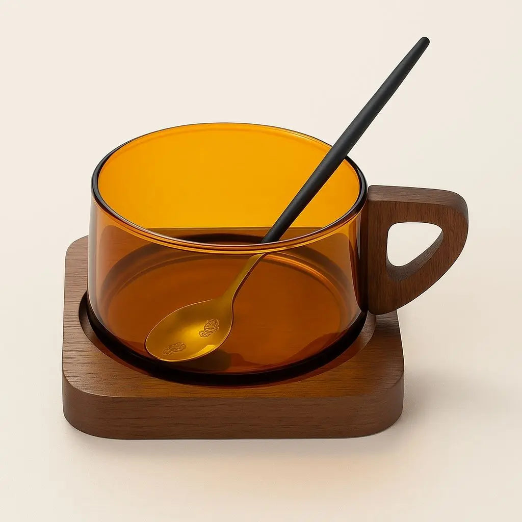 Elegant Heat-Resistant Glass Cup Set with Wooden Accents