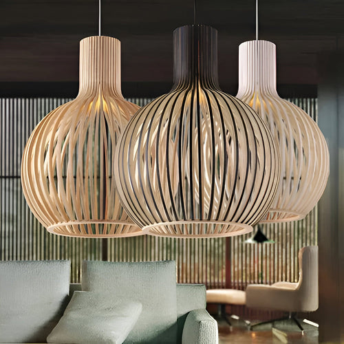 Cage-Shaped Shade Wooden Pendant Light Fixture