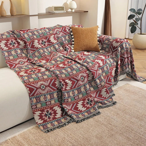 Bohemian Jacquard Microfiber Sofa Cover with Tassel Trim
