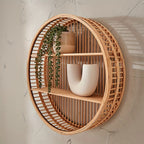 Handcrafted Floating Organizer - Round Bamboo Wall Shelf in Boho Style