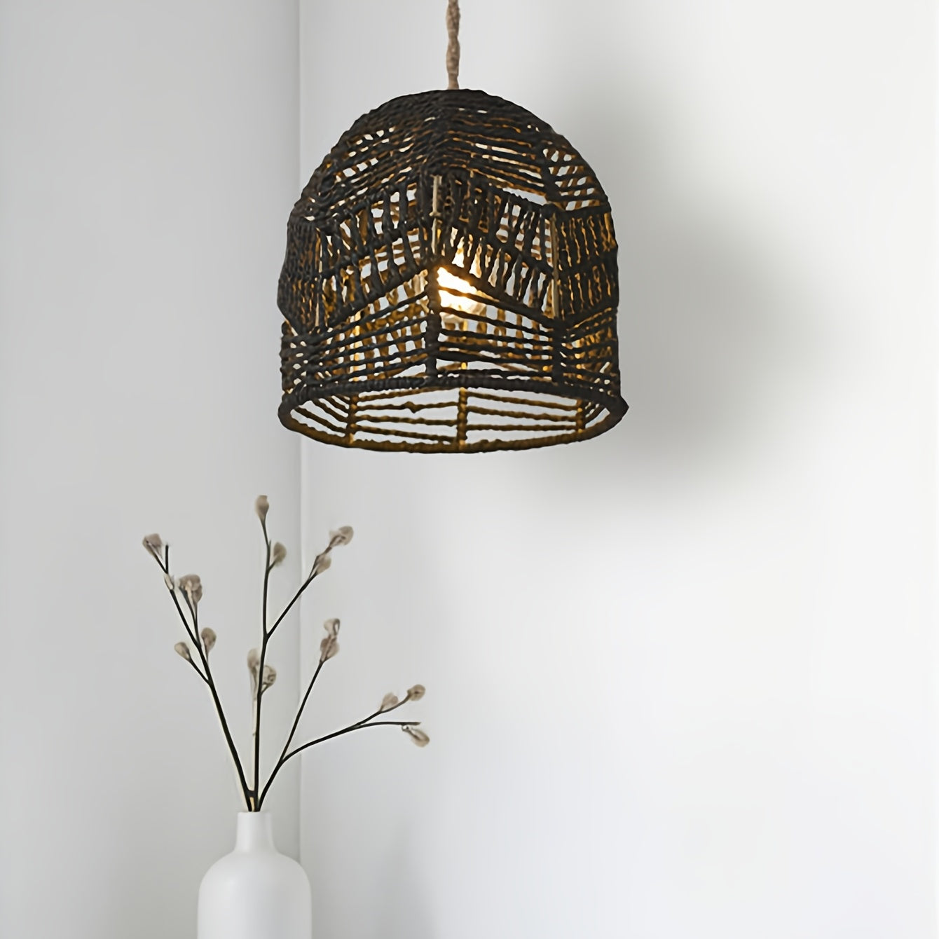 Rustic Chandelier with Handwoven Rope Pendant Shade