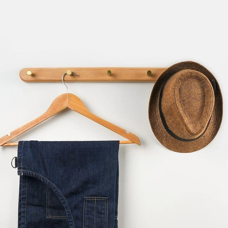 Wall-Mounted Coat Rack Natural Wood & Brass Hooks