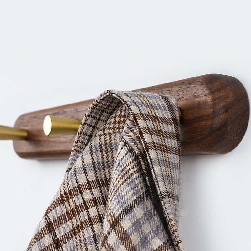 Wall-Mounted Coat Rack Natural Wood & Brass Hooks