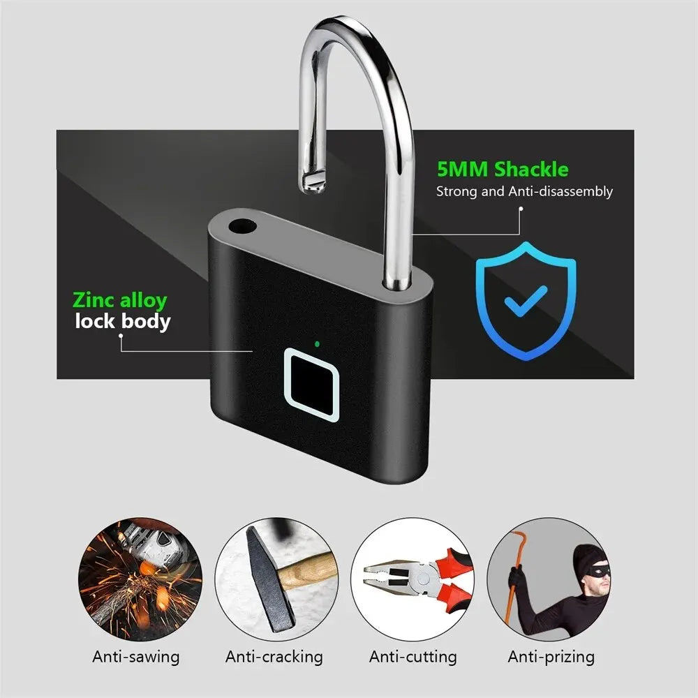 Fingerprint Padlock 0.2s Quick Unlock USB-C Rechargeable IP66 Waterproof