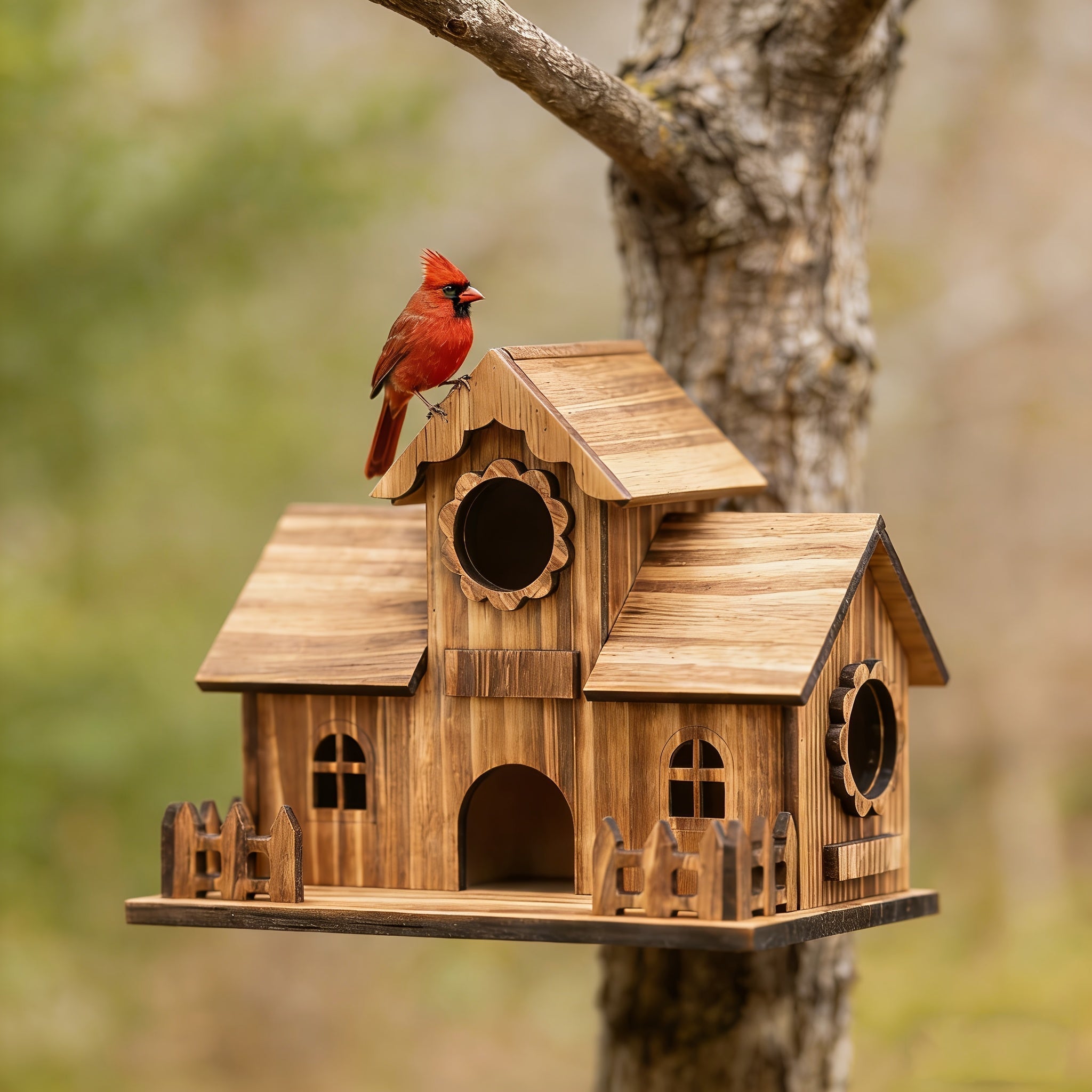 Multiple-Entrance Untreated Oak Birdhouse