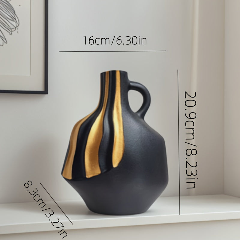 Contemporary Ceramic Vase – Black and White with Gold Details for Table Decor