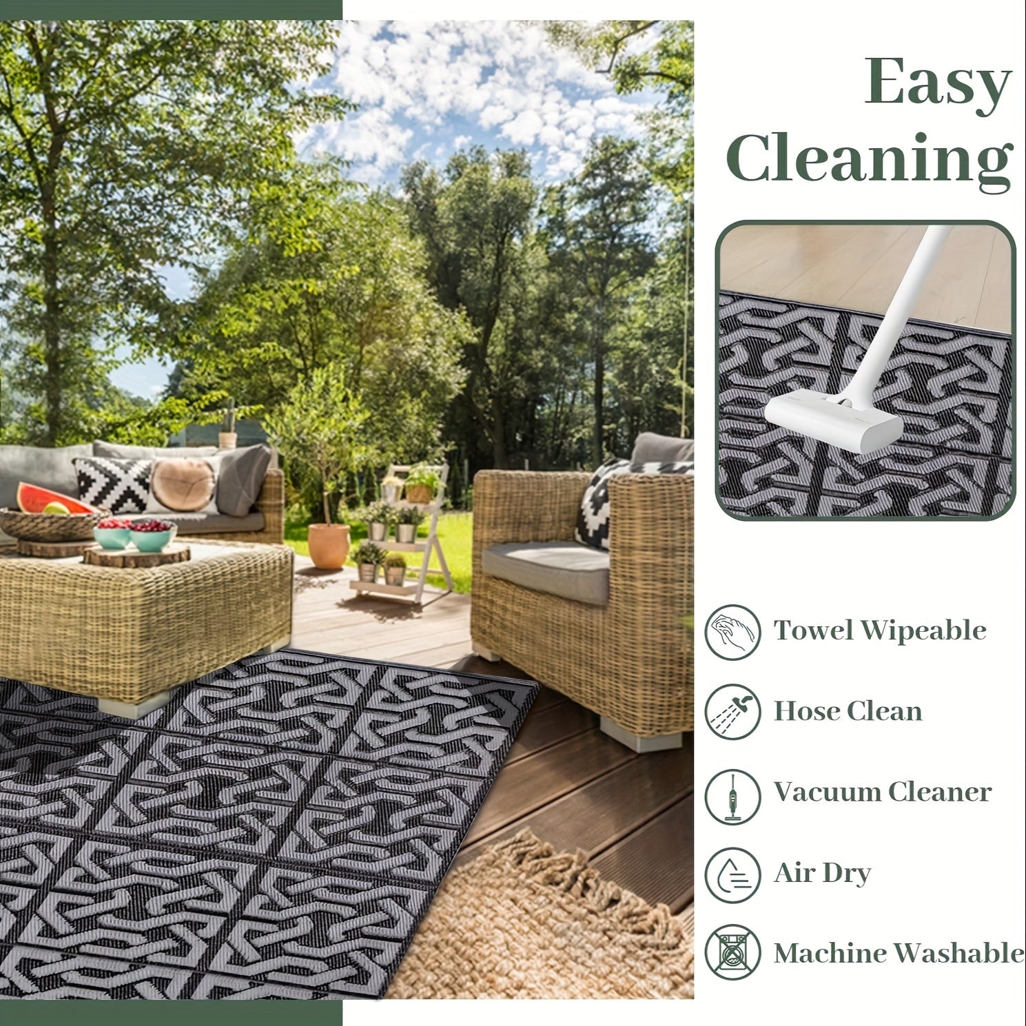 Modern Patio Mat - Reversible Outdoor Rug in Black and Grey