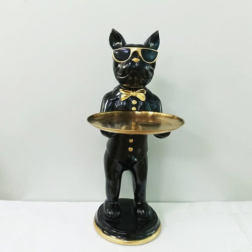 Bulldog Figurine in Polyresin with Golden Serving Tray