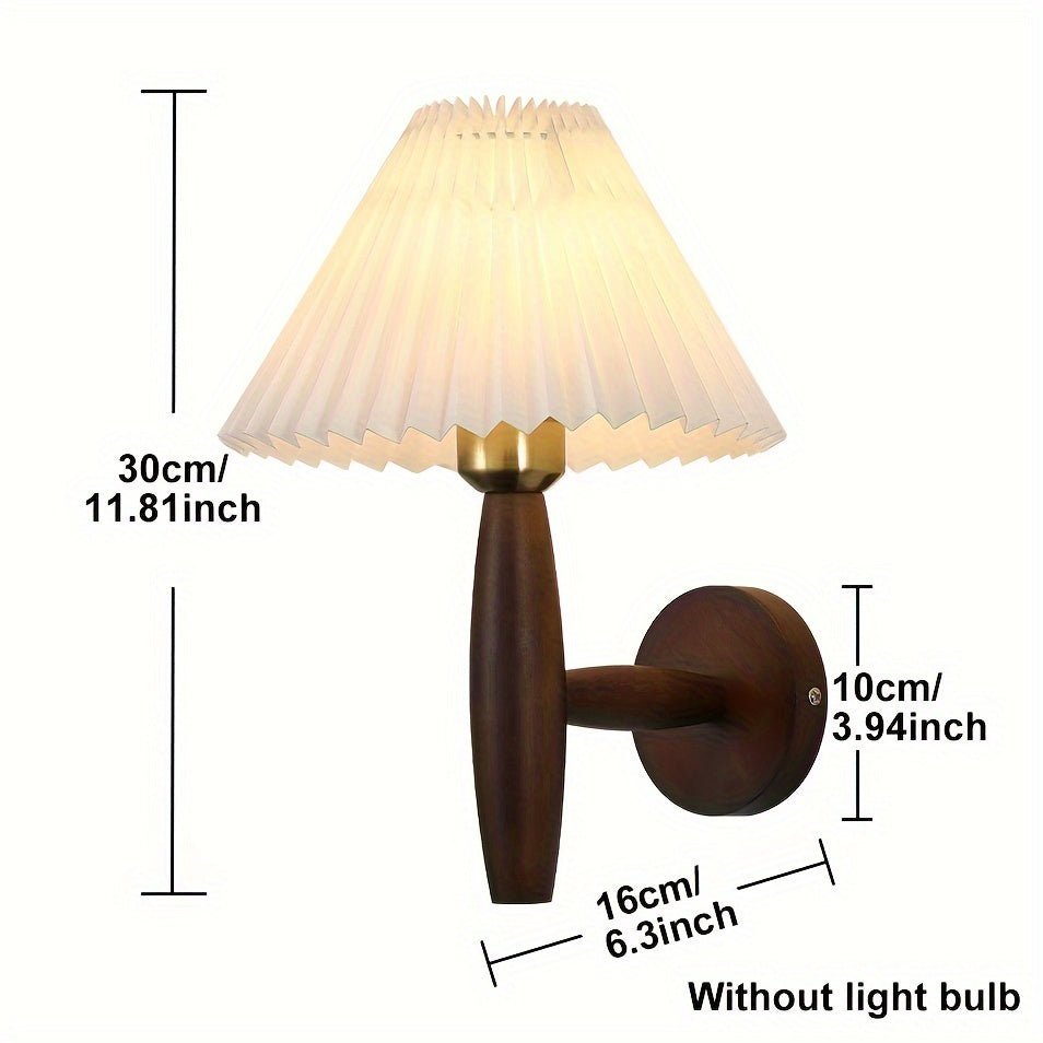 Retro Wall Lamp with Pleated Shade – Wooden Sconce for Bedroom