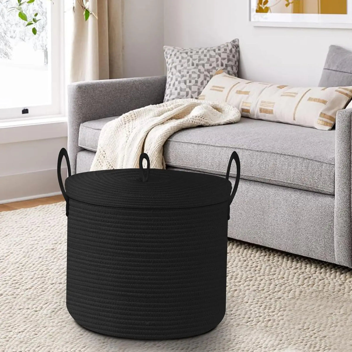 Storage Basket Large Cotton Rope Collapsible Lid & Handles