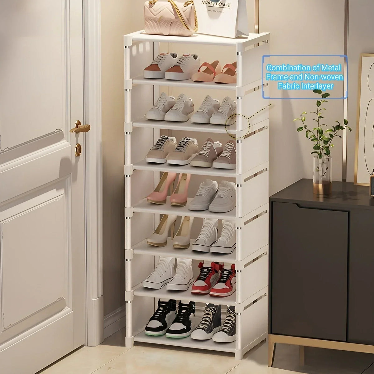 Shoe Rack Space-Saving Metal Frame & Fabric Shelves