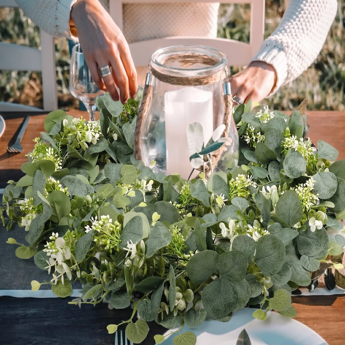 Table Decor with Artificial Eucalyptus Garland