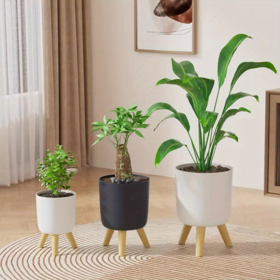 Decorative Plant Pot with Wooden Legs – Round Design for Indoor/Outdoor Use