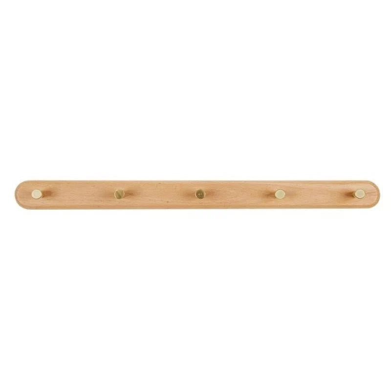 Wall-Mounted Coat Rack Natural Wood & Brass Hooks