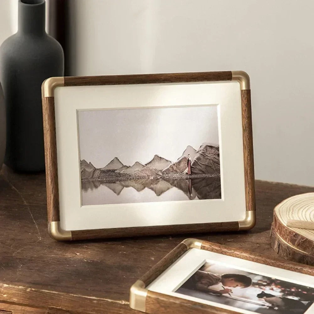 Vintage Wood and Brass Photo Frame for Tabletop Display