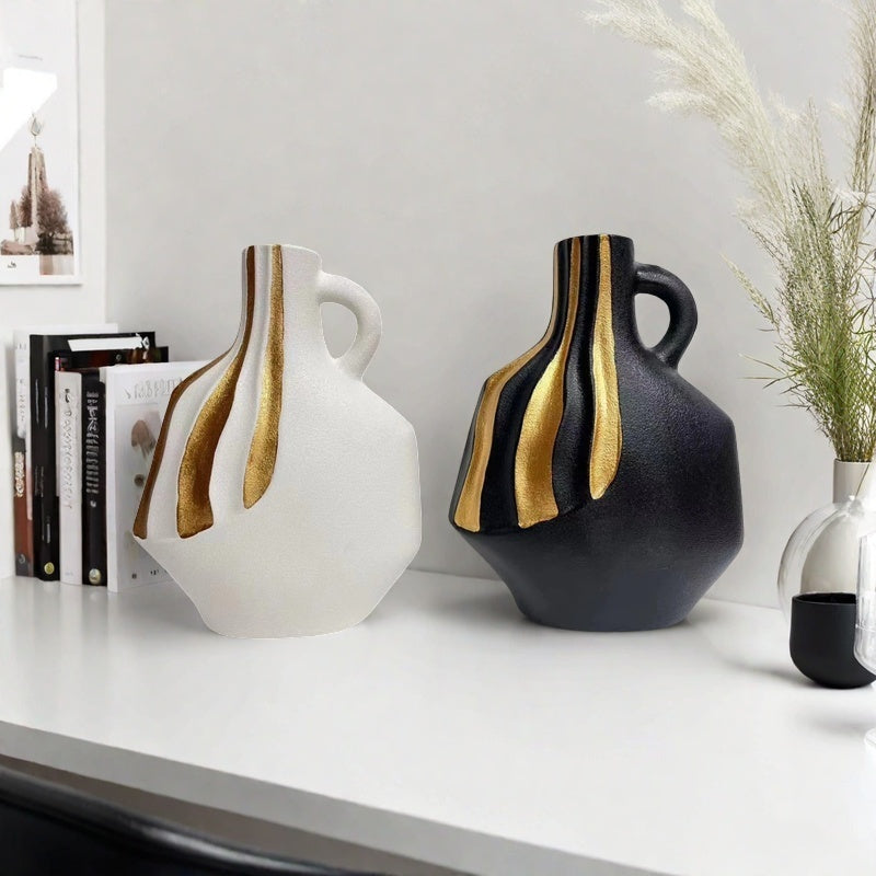 Contemporary Ceramic Vase – Black and White with Gold Details for Table Decor