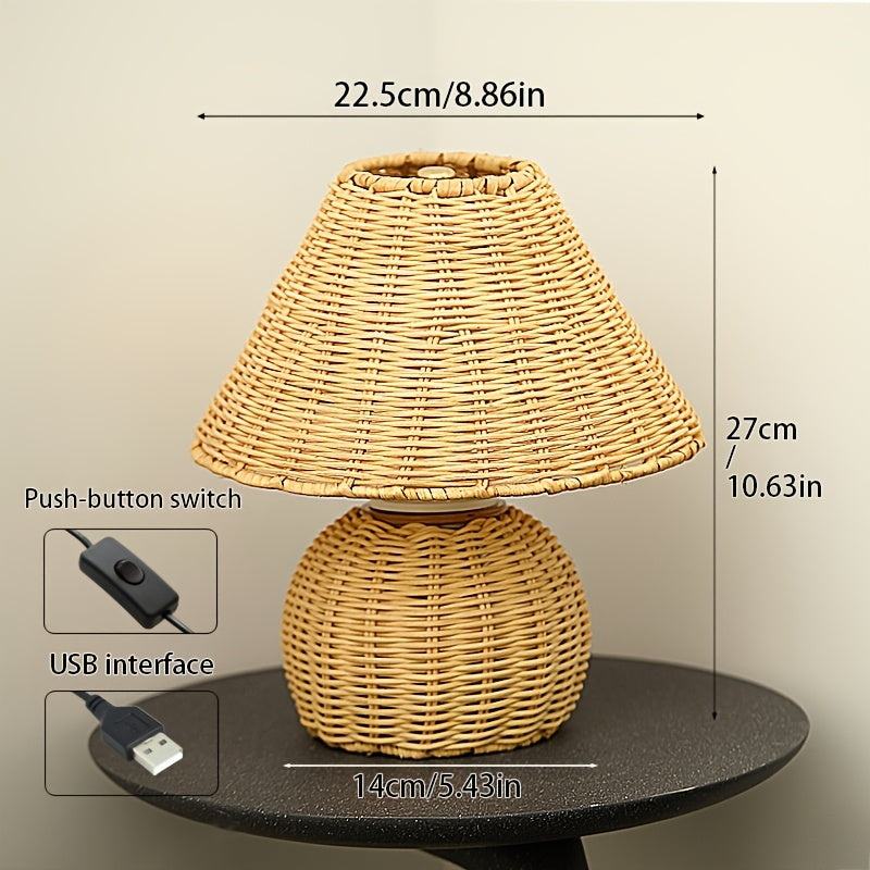 Boho Accent Lamp with USB Power - Woven Bamboo Desk Light