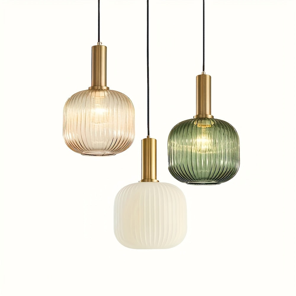 Contemporary Striped Pendant Light Fixture | Ribbed Glass with Brass