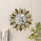 Teal and Gold Leaf Decorative Wall Mirror with Sunburst Design