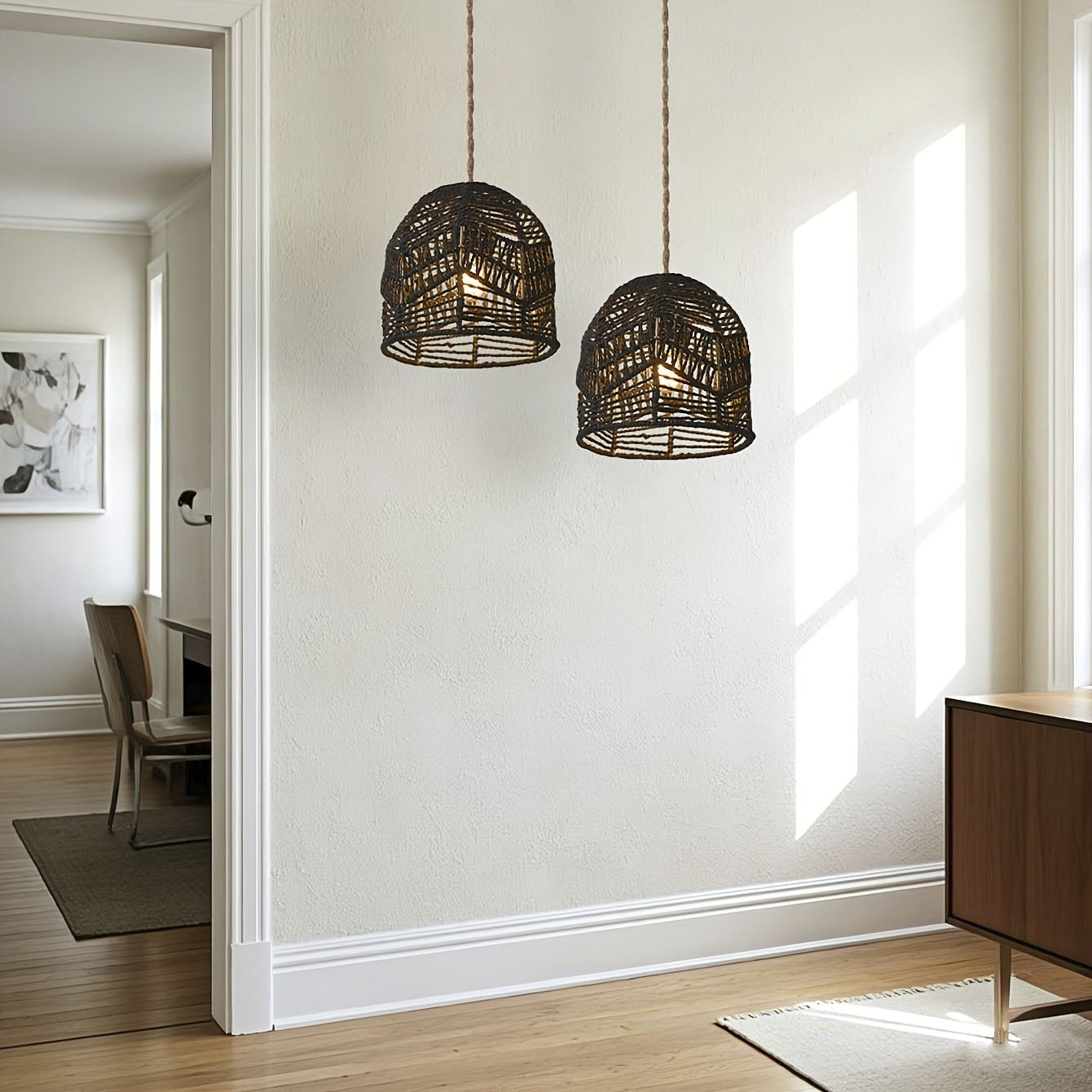 Rustic Chandelier with Handwoven Rope Pendant Shade