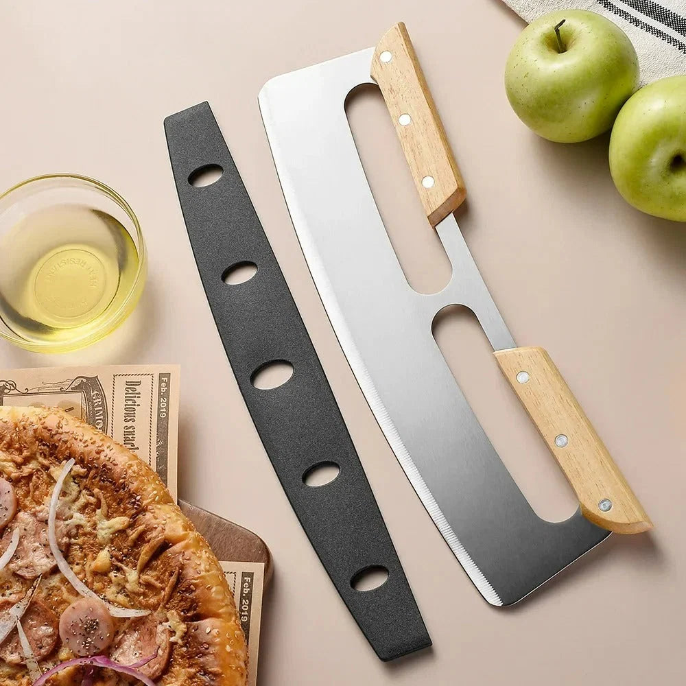 Pizza Cutter Curved Stainless Steel Blade & Wooden Handle