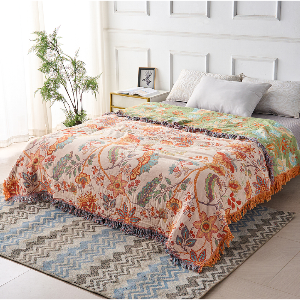 Floral Boho Throw Blanket with Fringe Detail