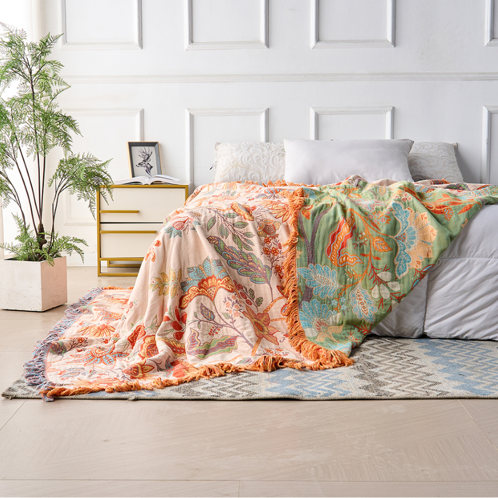Floral Boho Throw Blanket with Fringe Detail