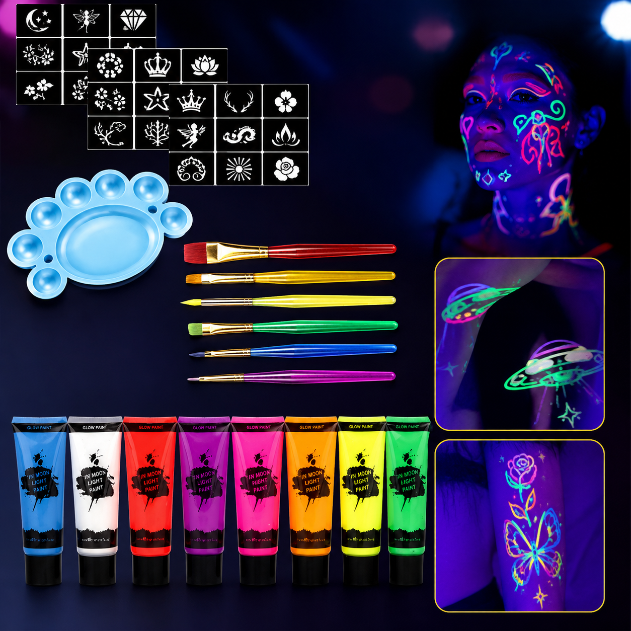 UV Reactive Body Paint Set for Parties and Festivals - Glow in the Dark