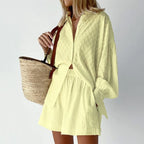 2-Piece Summer Set Blouse & Shorts Breathable Lantern Sleeve