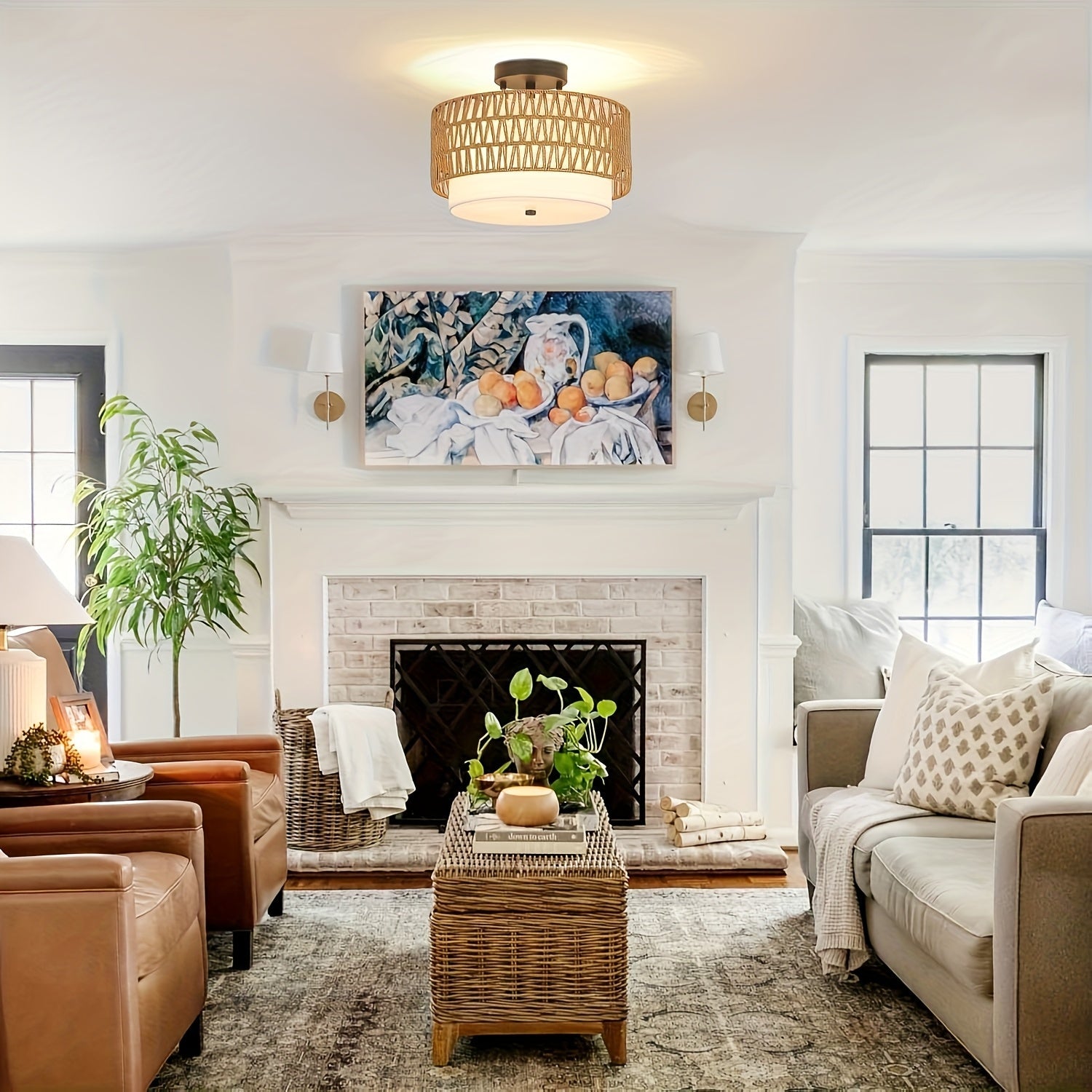 Rattan Ceiling Lamp in Boho Style | Linen Shade Semi-Flush Design