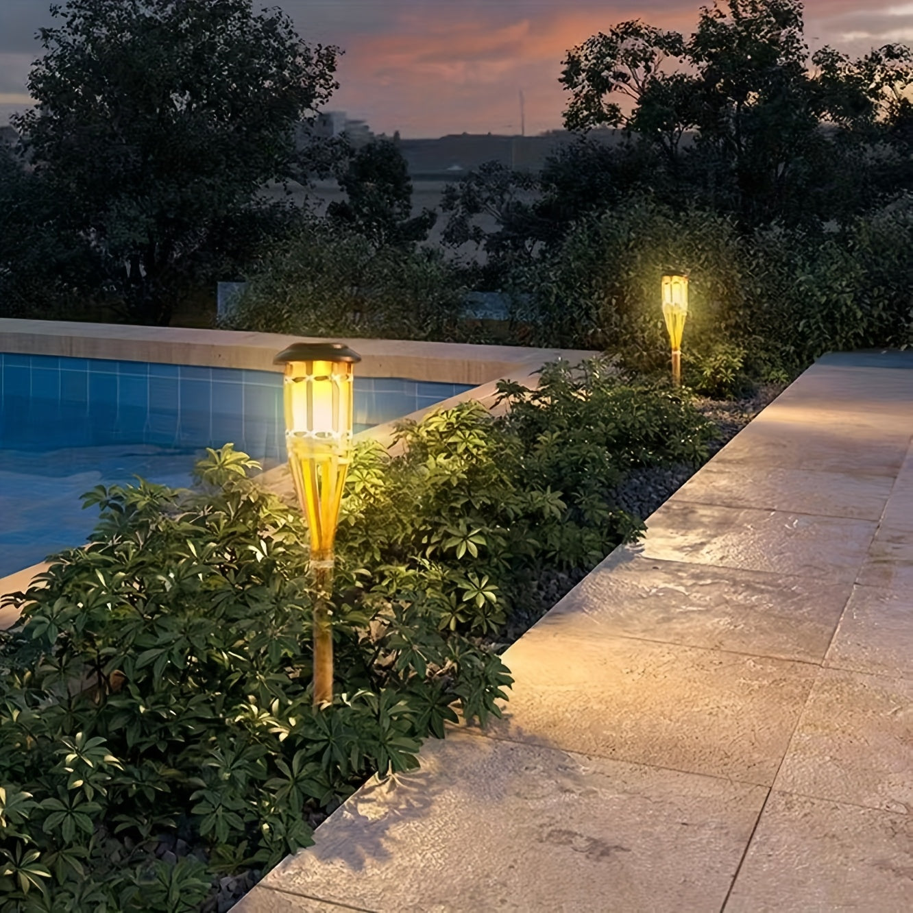Solar Garden Lanterns - 12-LED Bamboo Flame Lights (Set of 2)