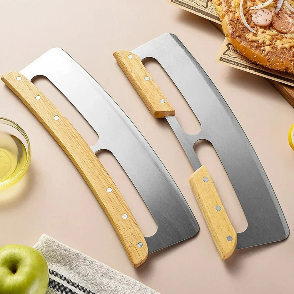 Pizza Cutter Curved Stainless Steel Blade & Wooden Handle
