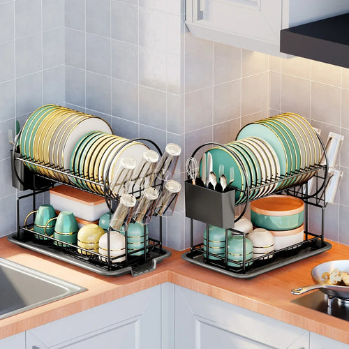 2-Tier Dish Drying Rack Drainboard Removable Cutlery Holder