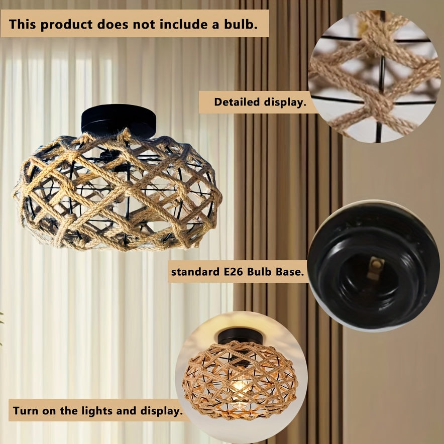 Rustic Handwoven Ceiling Light – Bohemian Hemp Rope Flush Mount