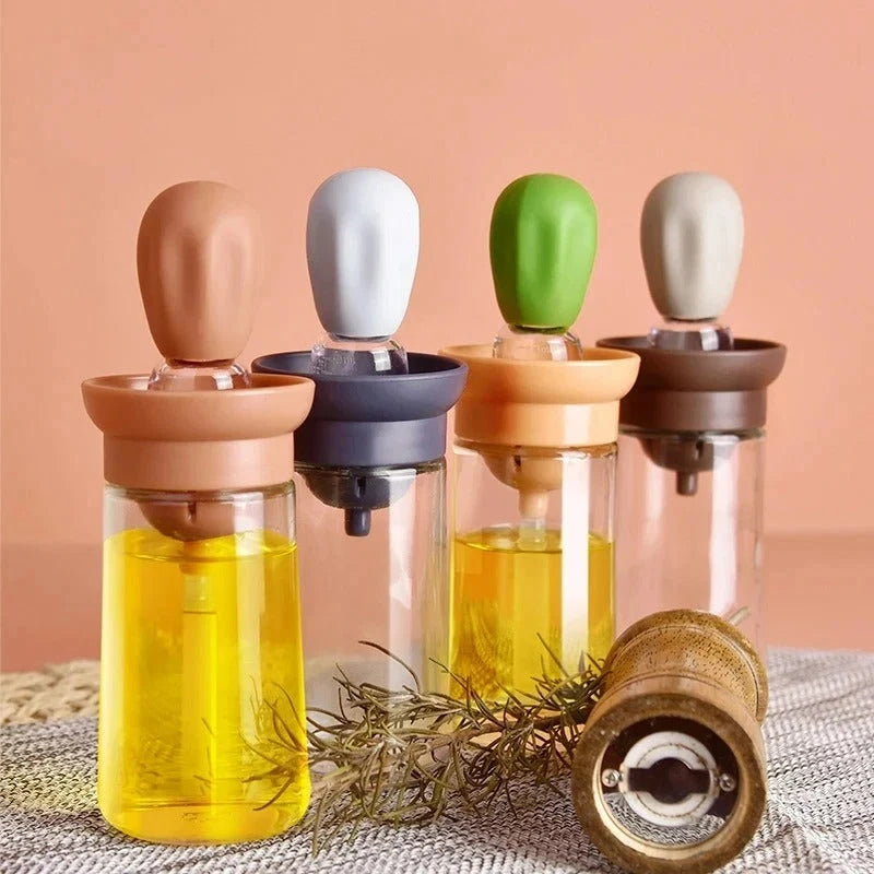 Oil Dispenser Bottle Push-Top Silicone Brush Glass Body