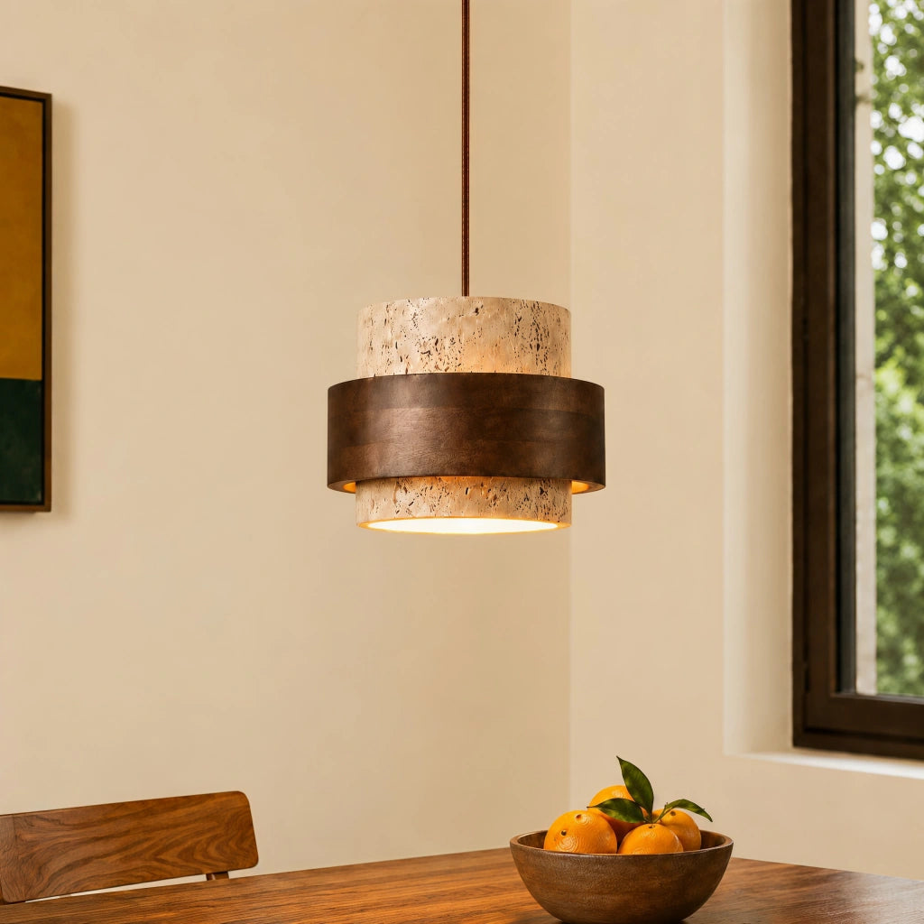 Travertine-Look Cylindrical Pendant Light (E27 Socket)