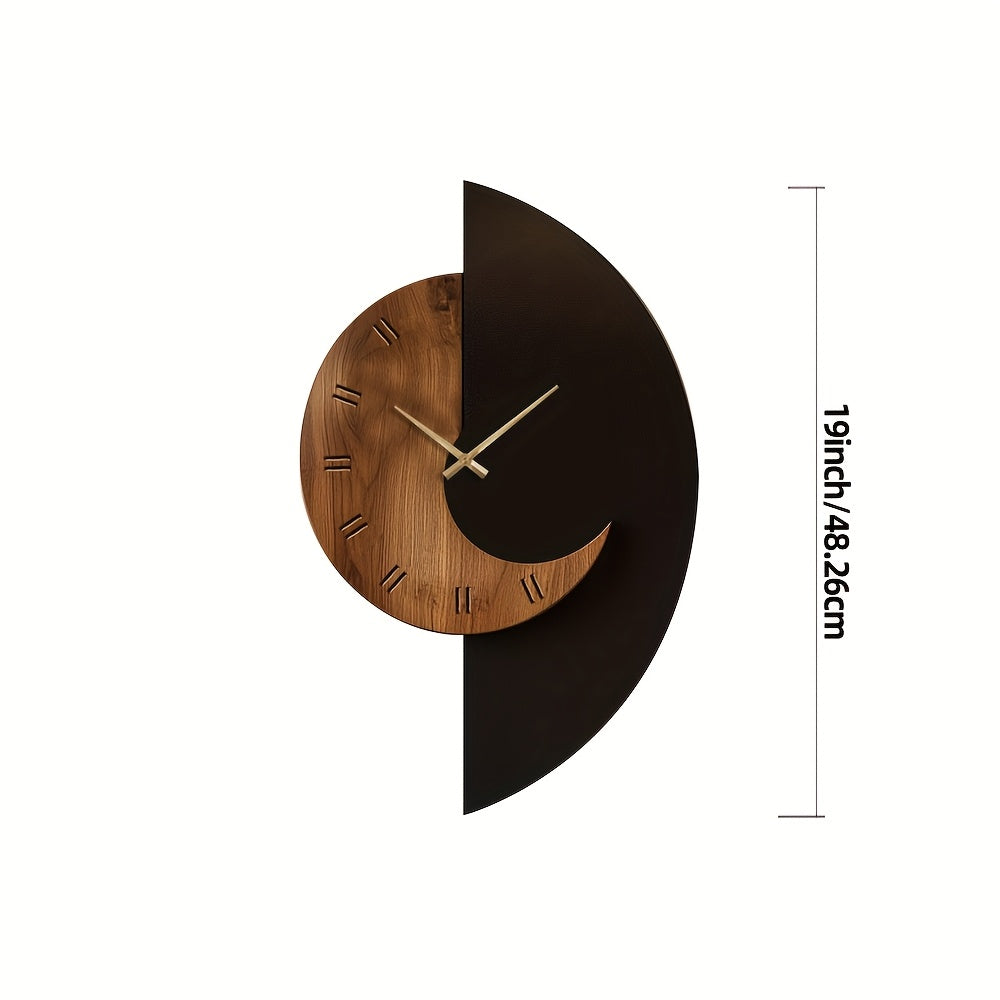 Battery-Operated Silent Wall Clock in Half-Moon Wooden Design