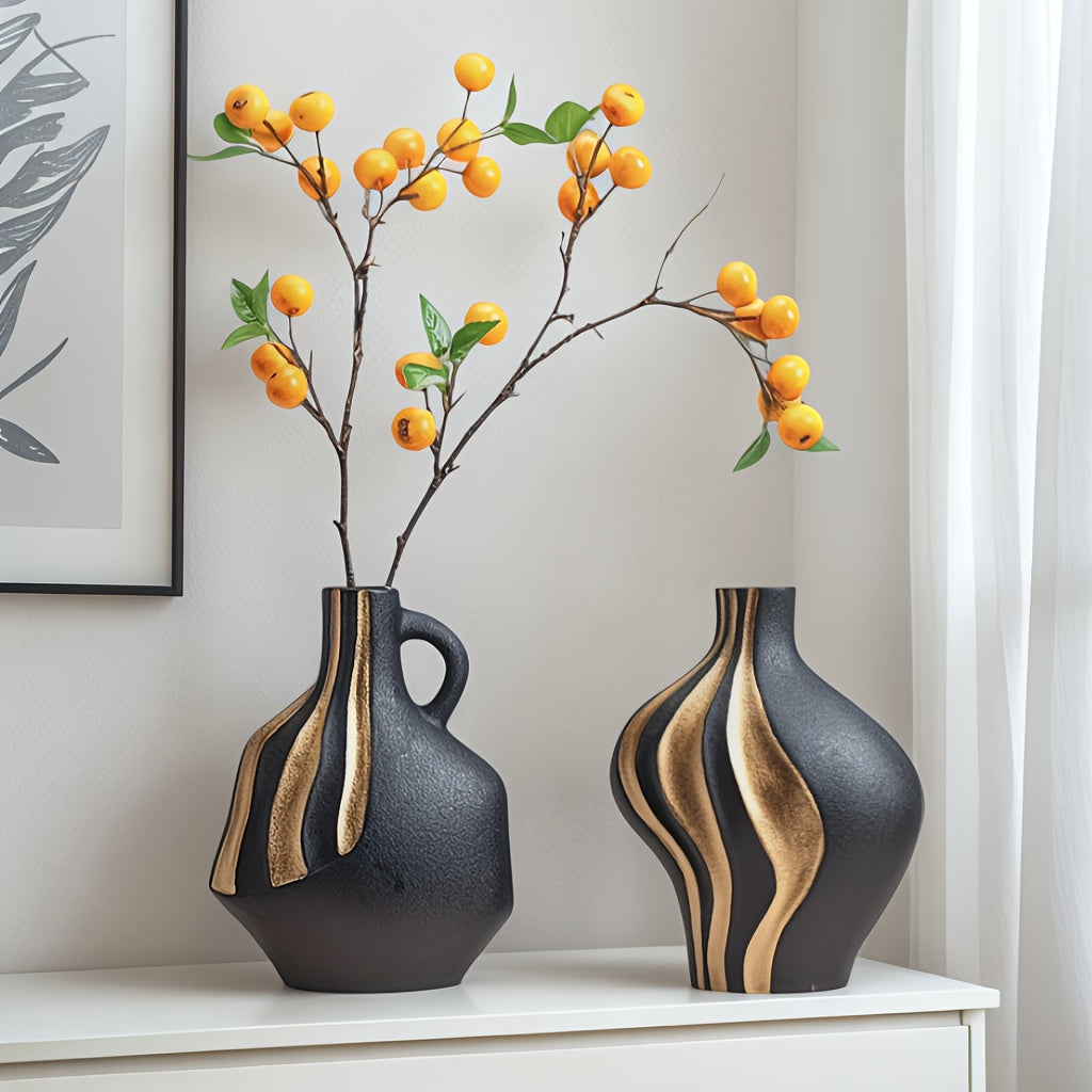 Contemporary Ceramic Vase – Black and White with Gold Details for Table Decor