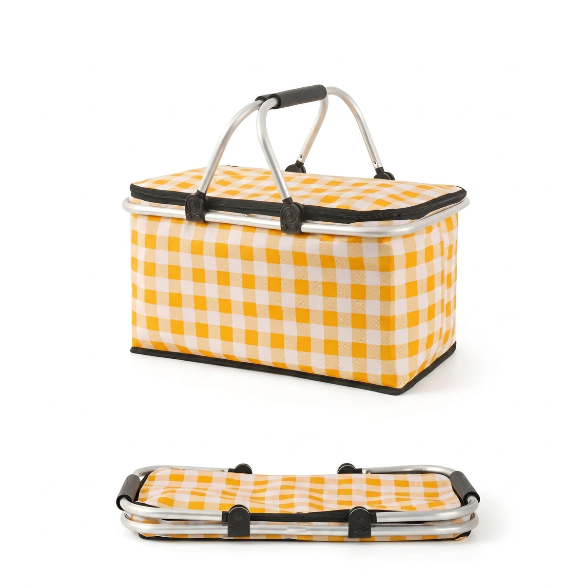 Checkered Pattern Folding Picnic Basket with Dual Zipper