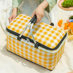 Checkered Pattern Folding Picnic Basket with Dual Zipper