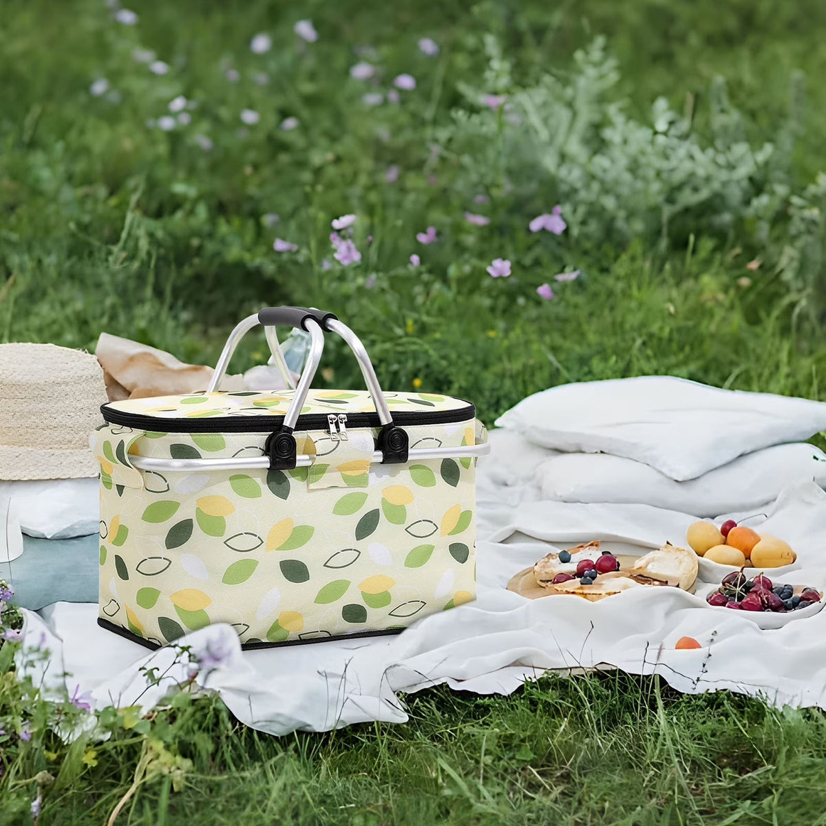 Checkered Pattern Folding Picnic Basket with Dual Zipper