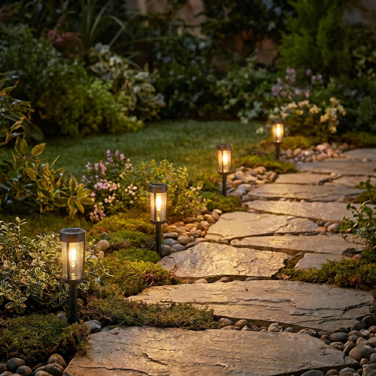 Stake-Mounted Cylindrical Solar Pathway Lights for Gardens