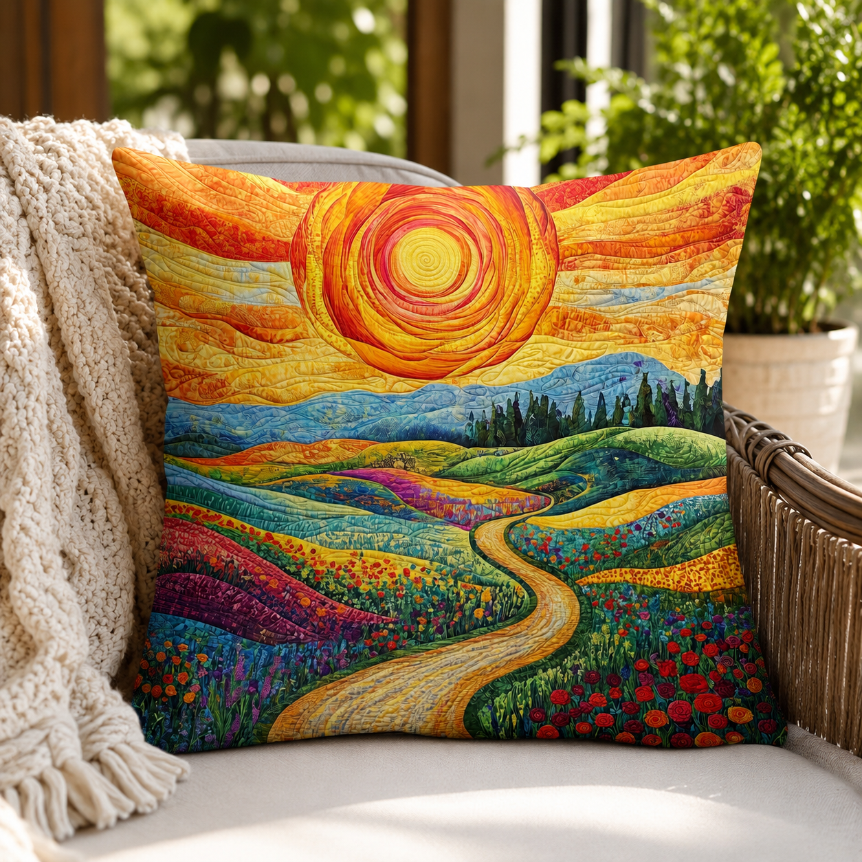 Quilted Cotton-Blend Wildflower Cushion Cover (Envelope Closure)