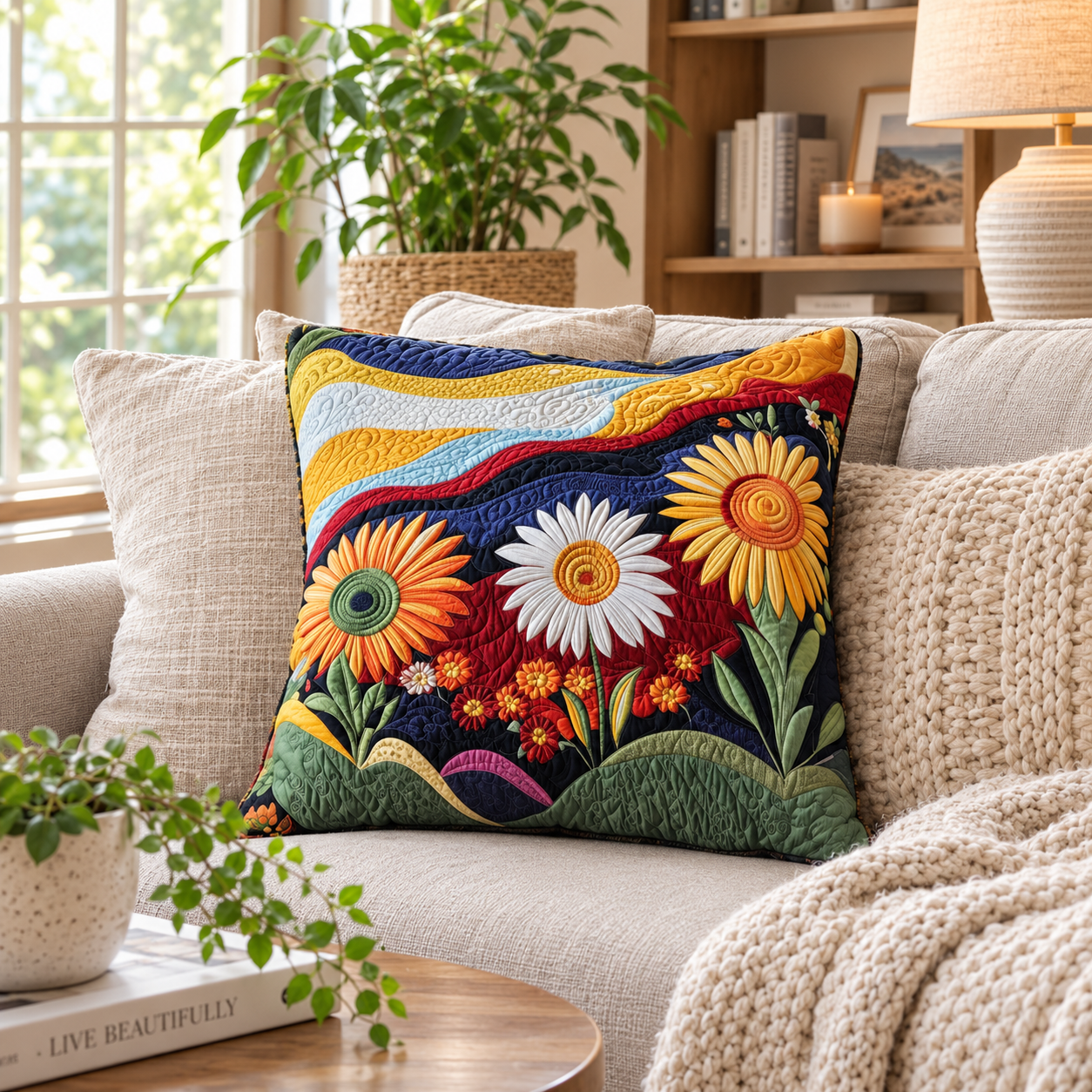 Quilted Cotton-Polyester Sunflower Pillowcase (Envelope Closure)