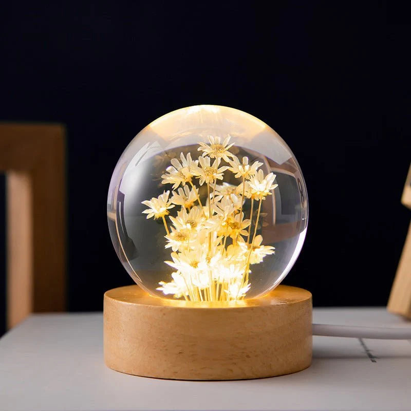 Crystal Ball Lamp Preserved Flowers Beechwood Base USB Powered