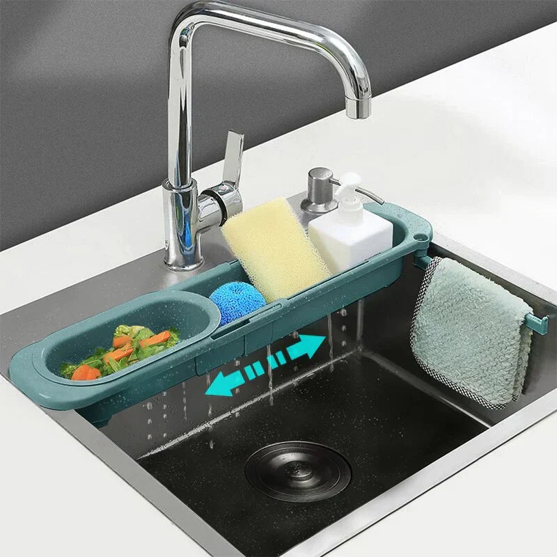 Sink Rack Telescopic Adjustable Ventilated Drainage & Towel Bar