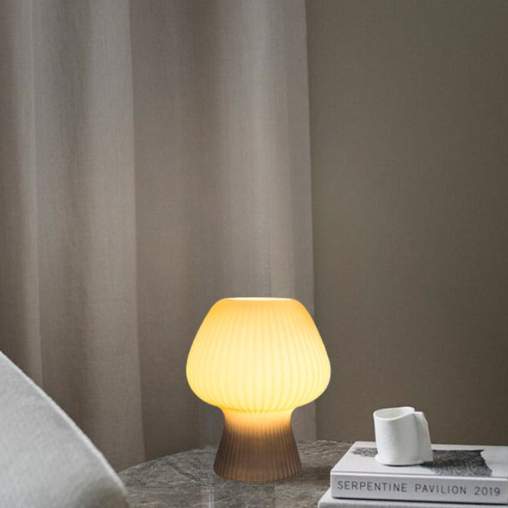 Mushroom-Shaped Glass Lamp – Vintage Ribbed Design for Bedside Use