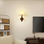 Retro Wall Lamp with Pleated Shade – Wooden Sconce for Bedroom