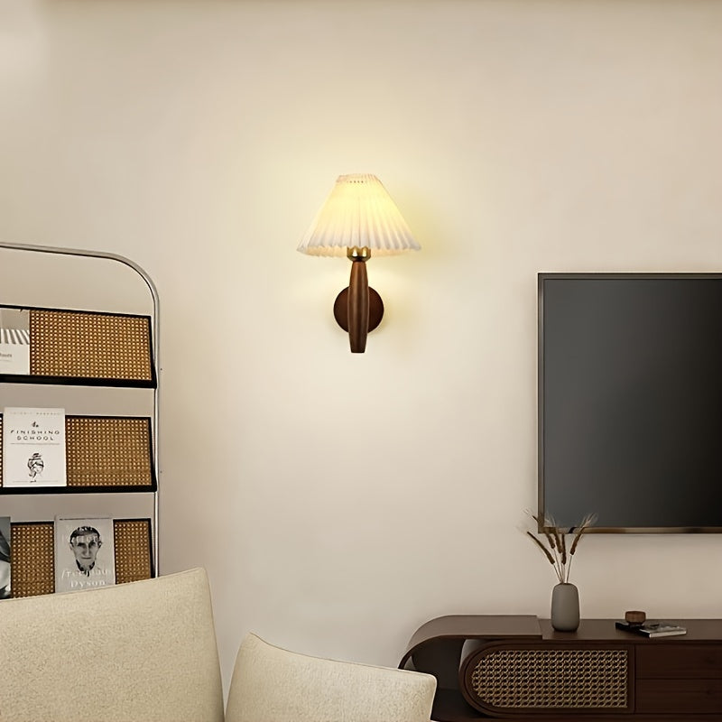 Retro Wall Lamp with Pleated Shade – Wooden Sconce for Bedroom