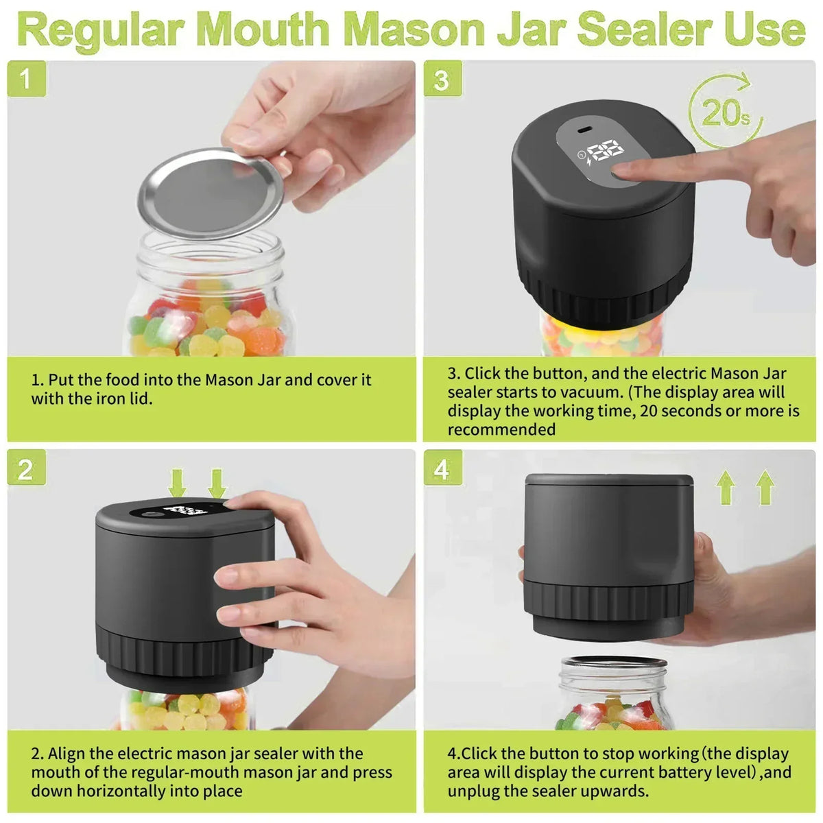 Mason Jar Vacuum Sealer One-Button Airtight Standard & Wide-Mouth